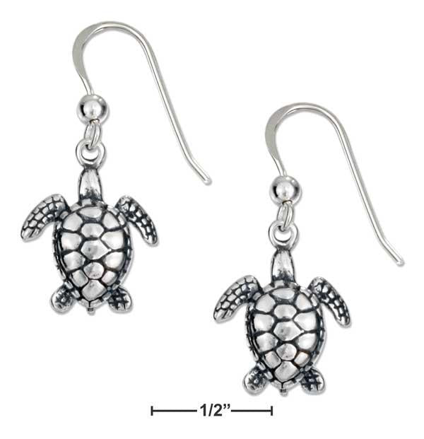 Sterling Silver Antiqued Mini Swimming Turtle Earrings On French Wires