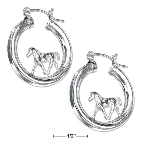 Sterling Silver On Tubular Hoop Horse Earrings With French Locks