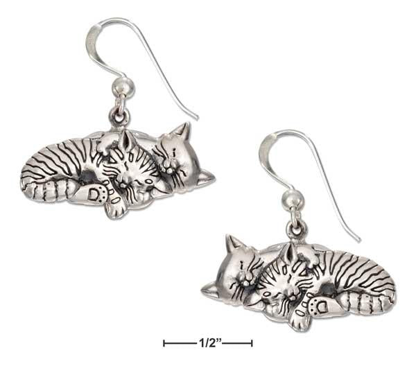 Sterling Silver Two Sleeping Kitty Cat Earrings On French Wires