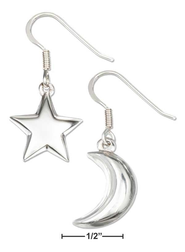 Sterling Silver High Polished Puffed Moon And Star Earrings