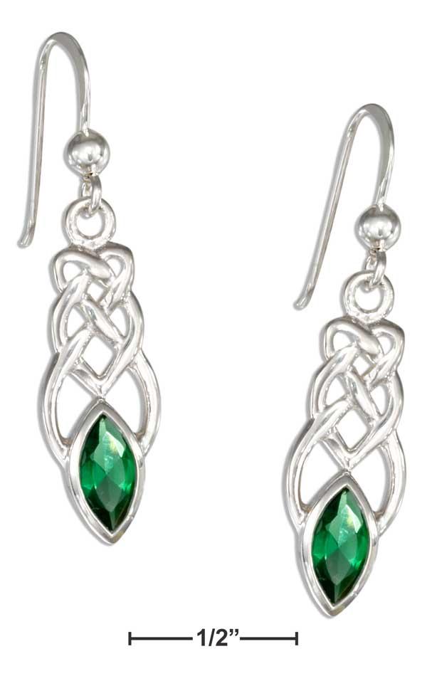 Sterling Silver Elongated Celtic Knot Earrings With Green Glass