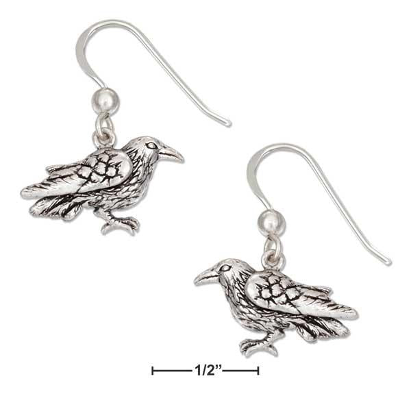 Sterling Silver Finely Detailed Antiqued Raven Earrings On French Wires