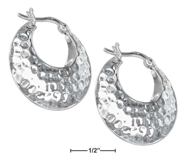 Sterling Silver Puffed Tapered Hammered Hoop Earrings With French Locks