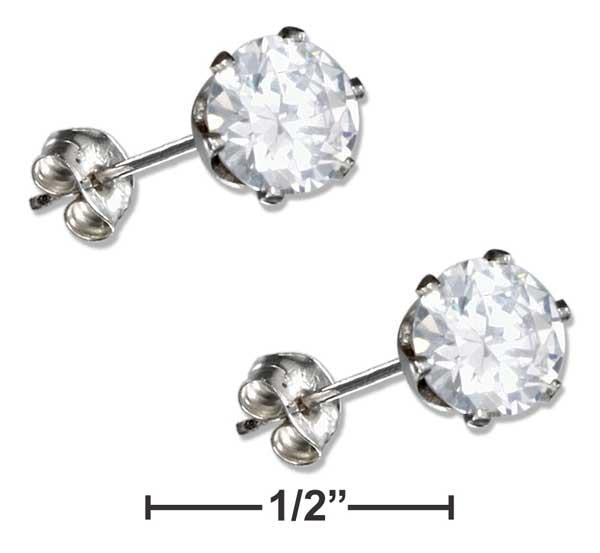 Stainless Steel 6mm Round Clear Cubic Zirconia Post Earrings