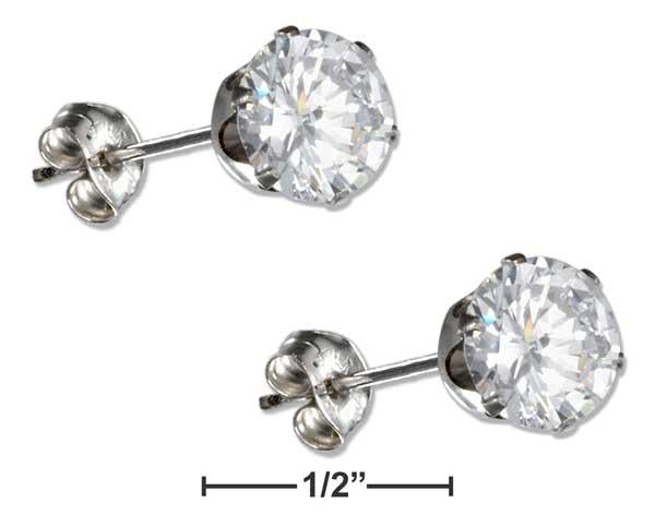 Stainless Steel 8mm Round Clear Cubic Zirconia Post Earrings