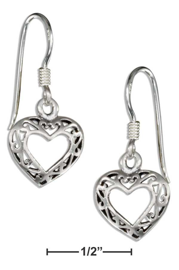 Sterling Silver Small Filigree Open Heart Earrings On French Wires