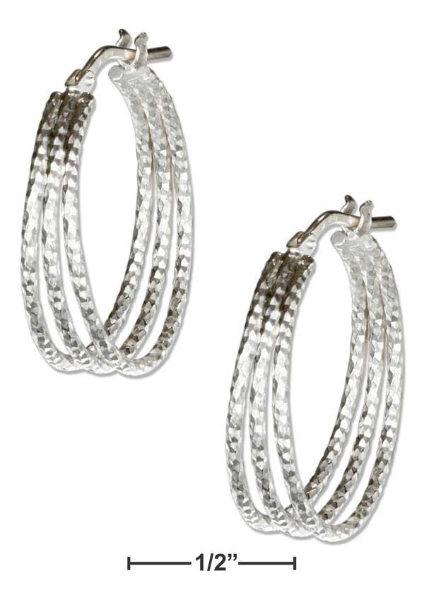 Sterling Silver 20mm Textured Three Wire Hoop Earrings