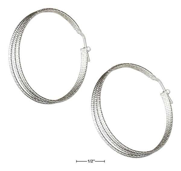 Sterling Silver 40mm Textured Three Wire Hoop Earrings