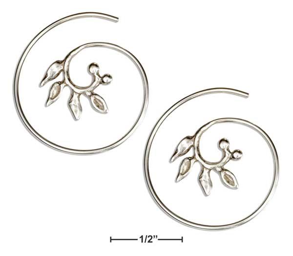 Sterling Silver 24mm Wire Spiral Threader Hoop Earrings With Leaves