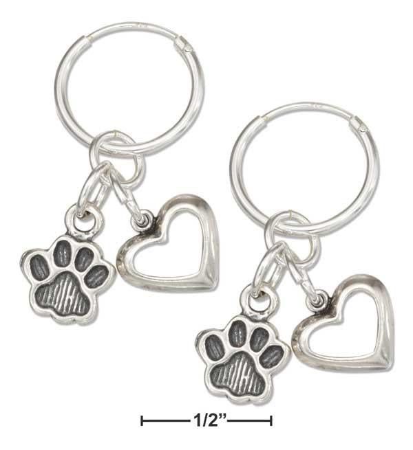 Sterling Silver Hoop Earrings With Heart And Paw Print Dangles