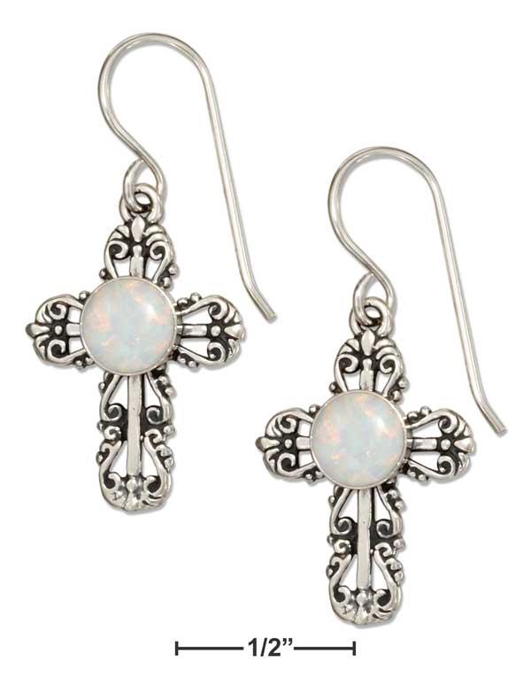 Sterling Silver Filigree Cross Earrings With Synthetic White Opal