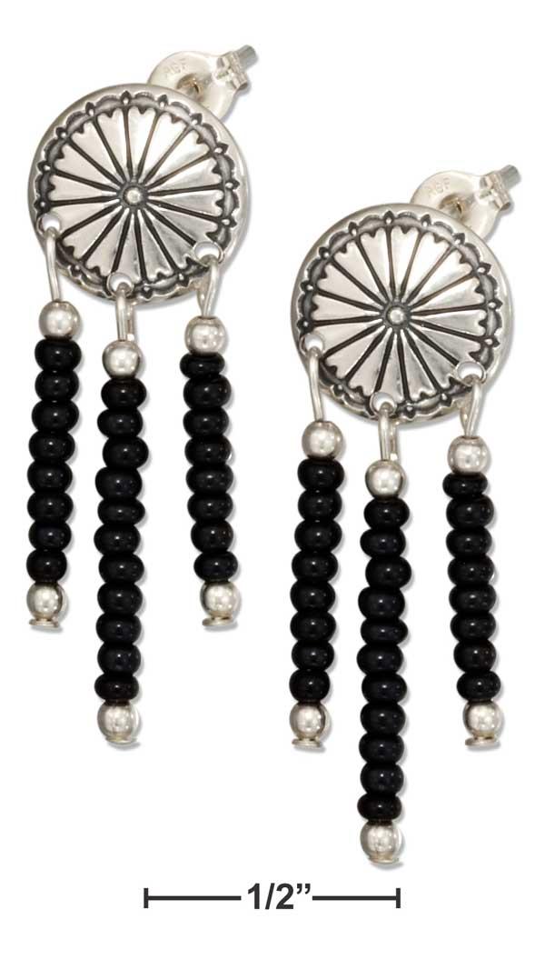 Sterling Silver Concho Earrings With Black Pony Bead Fringe