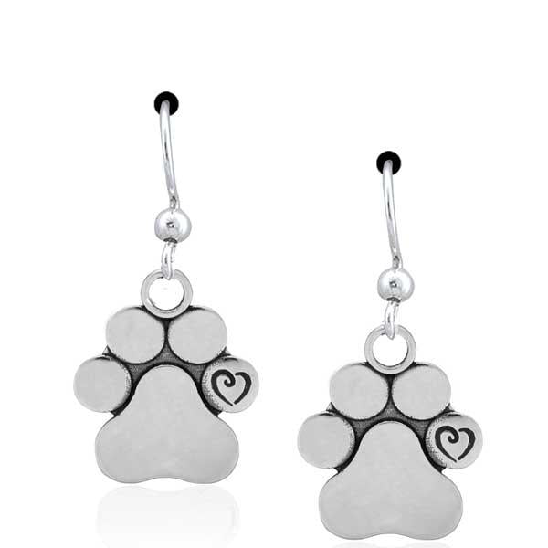 Sterling Silver Unconditional Love Dog Paw Print Scrolled Heart Dangle Earrings