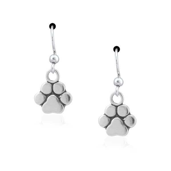 Sterling Silver Basic Paw Simple Dog Paw Print Dangle Earrings