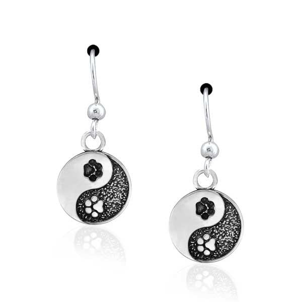 Sterling Silver Yin And Yang Dog Paw Print Dangle Earrings