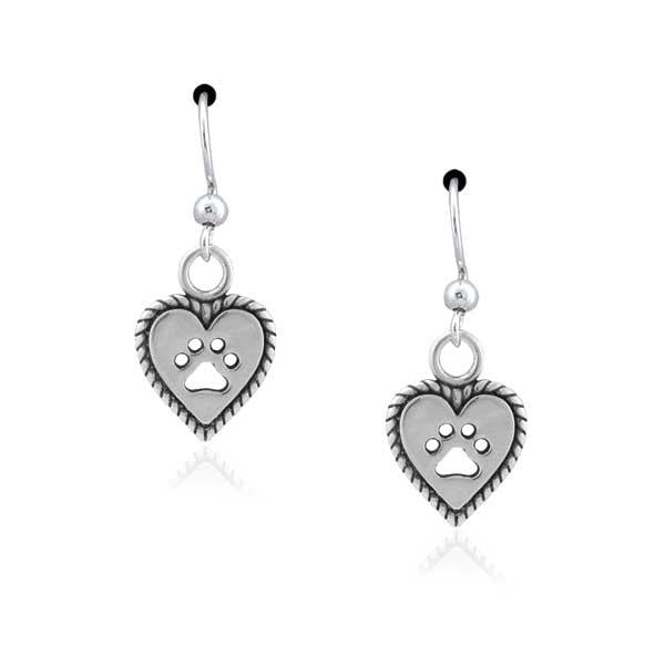 Sterling Silver Roped Into Your Love Dog Paw Print Heart Dangle Earrings