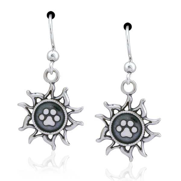 Sterling Silver You Light Up My Life Sun With Dog Paw Print Dangle Earrings