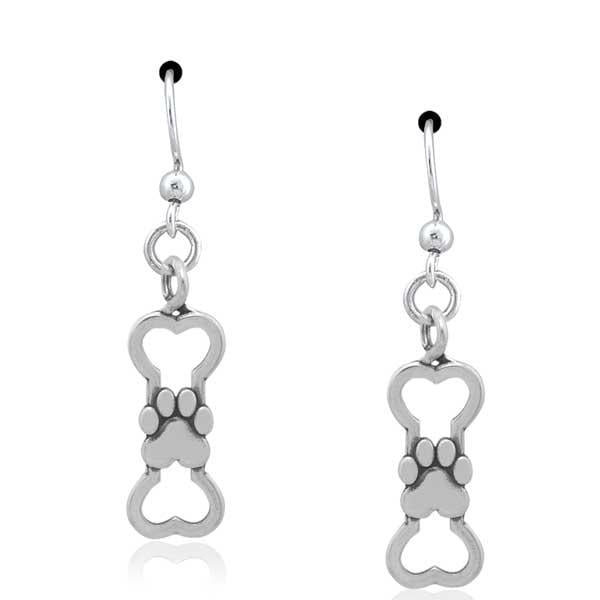 Sterling Silver The Bone And The Beautiful Dog Bone Dangle Earrings With Paw Print