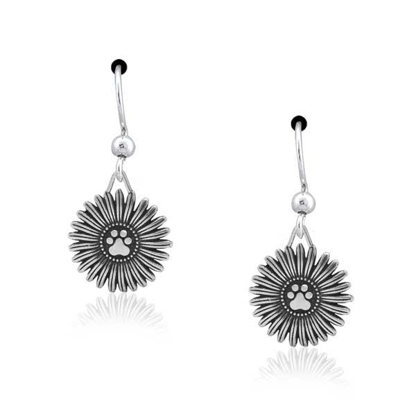 Sterling Silver Flower Pawer Flower With Dog Paw Print Dangle Earrings