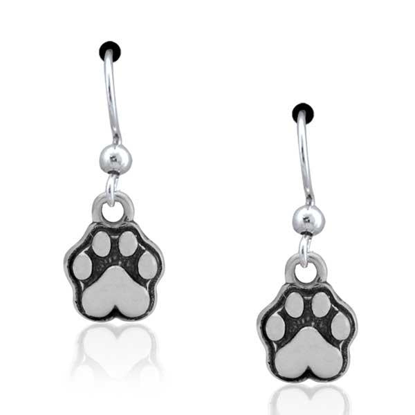 Sterling Silver Pitter Patter Paws Dainty Heart Dog Paw Print Dangle Earrings