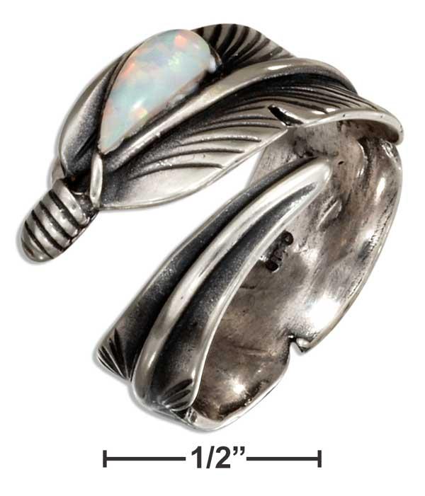 Sterling Silver Adjustable Wrap Feather Ring With Synthetic White Opal Teardrop