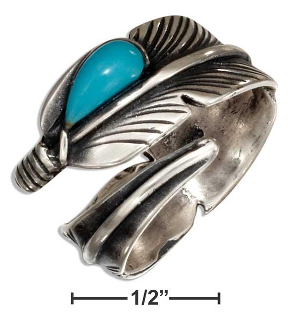 Sterling Silver Adjustable Wrap Feather Ring With Reconstituted Turquoise Teardrop