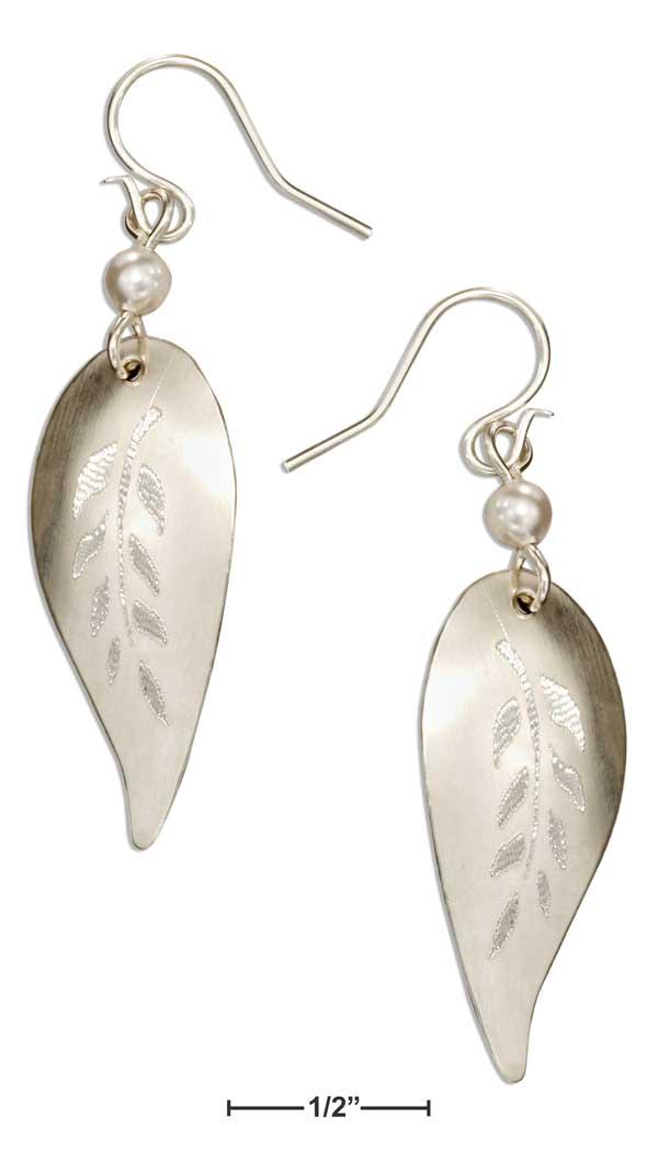 Sterling Silver Etched Leaf Dangle Earrings With Faux Pearl On Shepherd Hook Wires