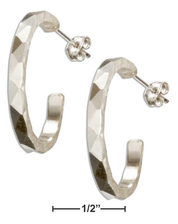 Sterling Silver Faceted Design Hammered 23mm 3/4 Hoop Earrings On Posts