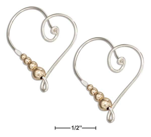 Sterling Silver Wire Heart Hoop Earrings With 12 Karat Gold Filled Beads