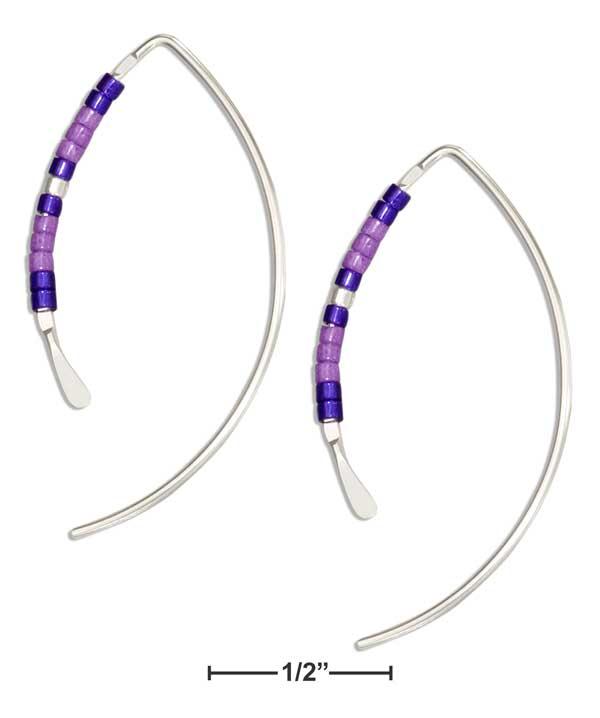 Sterling Silver Bow Shaped Curve Wire Earrings With Purple Glass Seed Beads