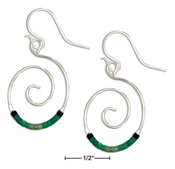 Sterling Silver Round Spiral Dangle Earrings With Green Glass Seed Beads