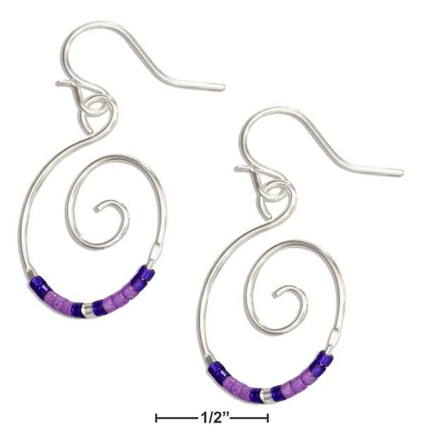 Sterling Silver Round Spiral Dangle Earrings With Purple Glass Seed Beads