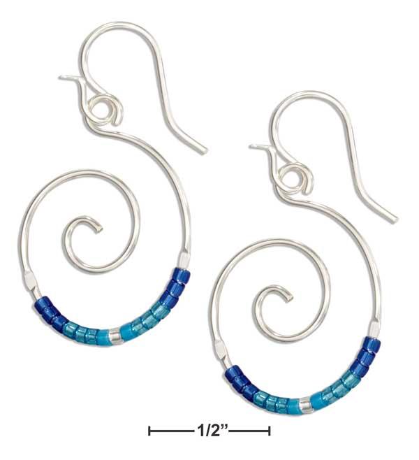 Sterling Silver Round Spiral Dangle Earrings With Blue Glass Seed Beads