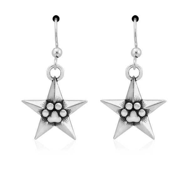 Sterling Silver Super Star Pawer Star And Paw Print Dangle French Wire Earrings