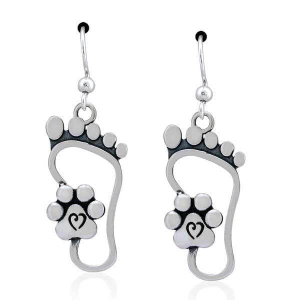 Sterling Silver I Will Never Walk Alone Foot Print Paw Print Dangle Earrings