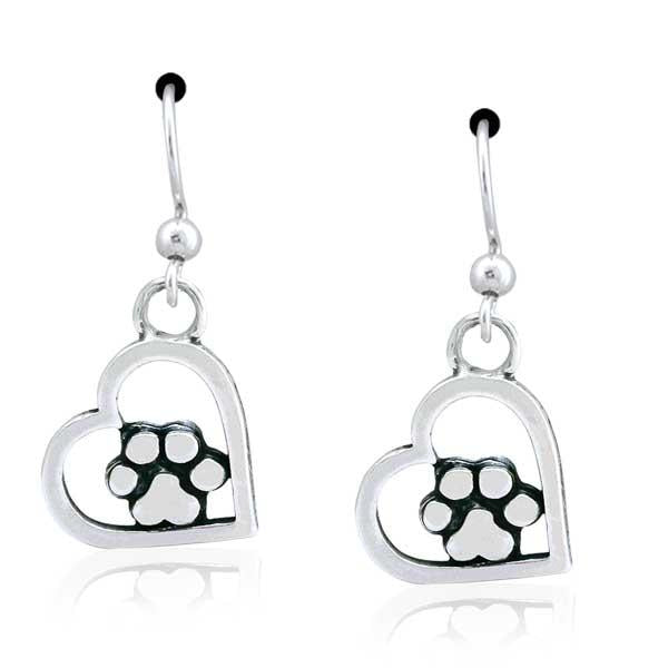 Sterling Silver You Walked Into My Heart Dog Paw Print Dangle Earrings