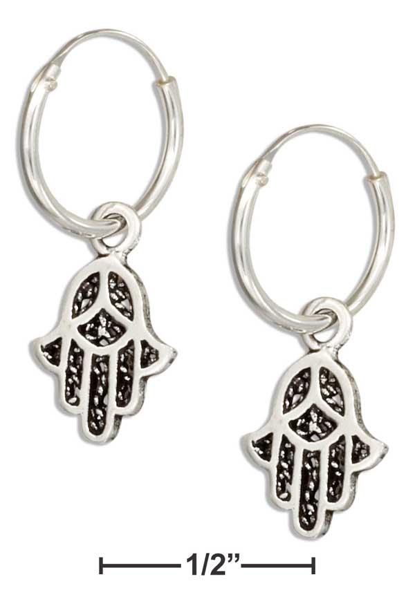 Sterling Silver Wire Hoop Earrings With Hamsa Hand Of God