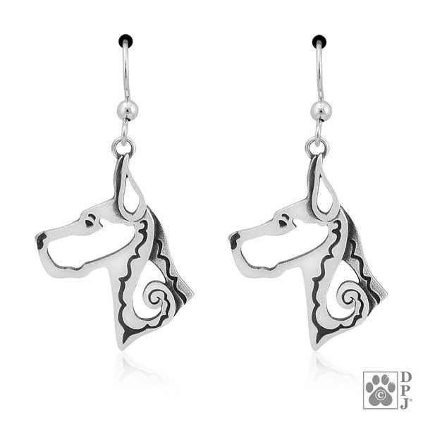 Sterling Silver Cropped Ear Great Dane Earrings On Dangling French Wires