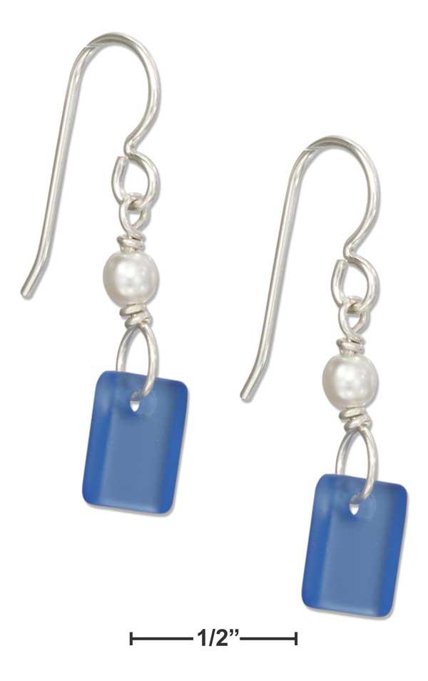 Sterling Silver Cornflower Blue Rectangle Sea Glass Earrings With Faux Pearl