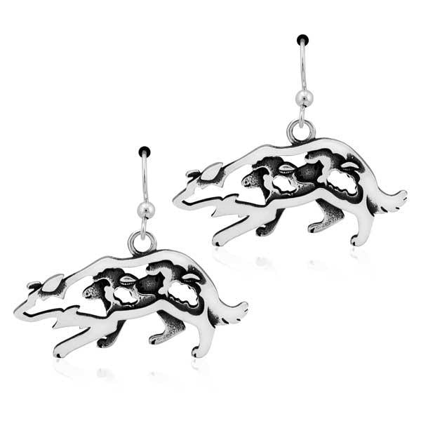 Sterling Silver Crouching Border Collie Earrings With Sheep On French Wires