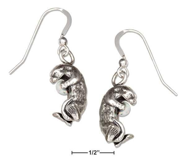 Sterling Silver Sea Otter With Synthetic Opal Chip Dangle Earrings On French Wires