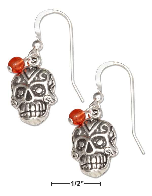 Sterling Silver Mexican Sugar Skull Dangle Earrings With Orange Czech Glass Beads