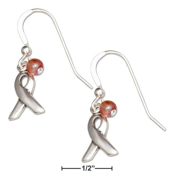 Sterling Silver Breast Cancer Awareness Ribbon Dangle Earrings With Pink Glass Bead