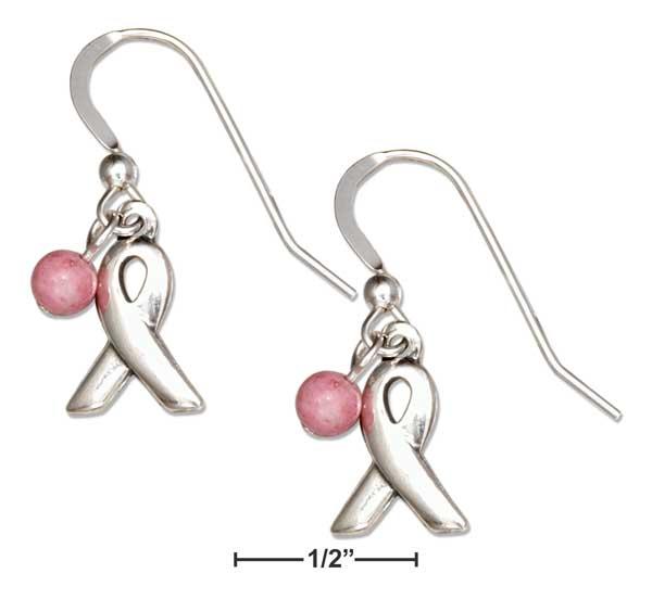 Sterling Silver Breast Cancer Awareness Ribbon Dangle Earrings Pink Riverstone Bead