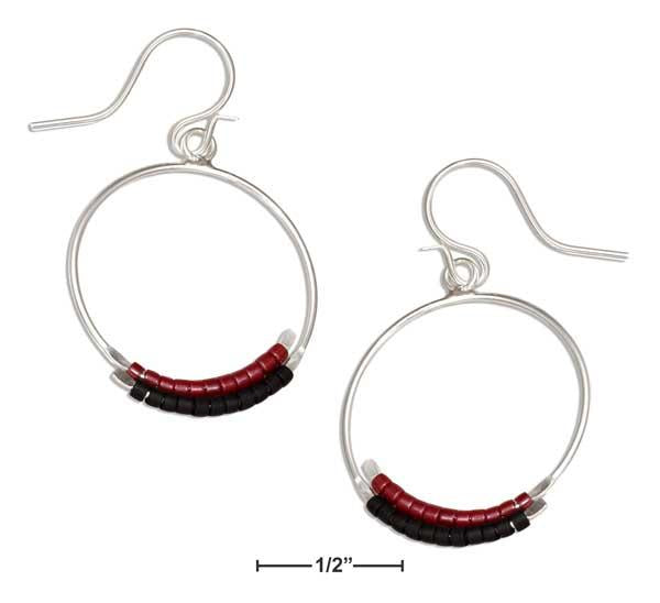 Sterling Silver 22m Wire Hoop Dangle Earring With Red And Black Seed Beads