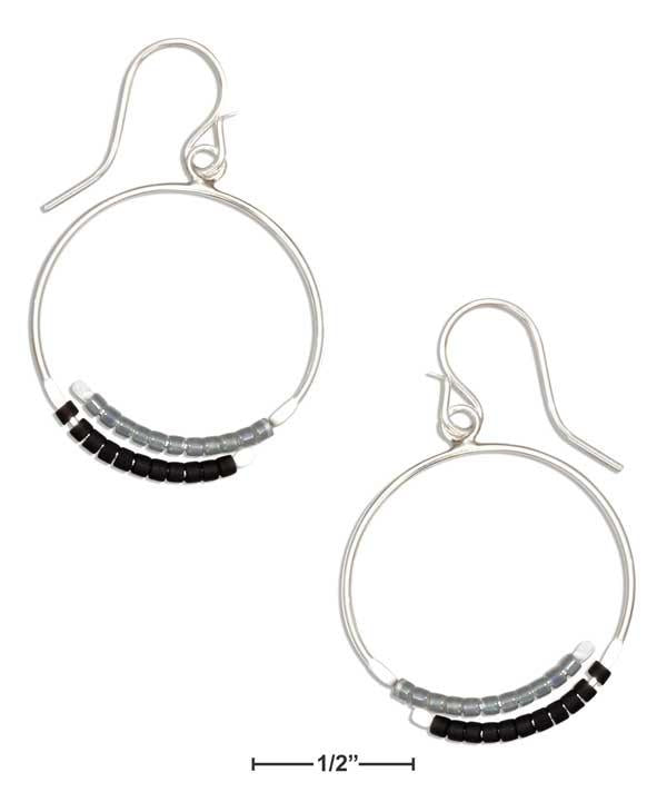 Sterling Silver 22m Wire Hoop Dangle Earring With Gray And Black Seed Beads