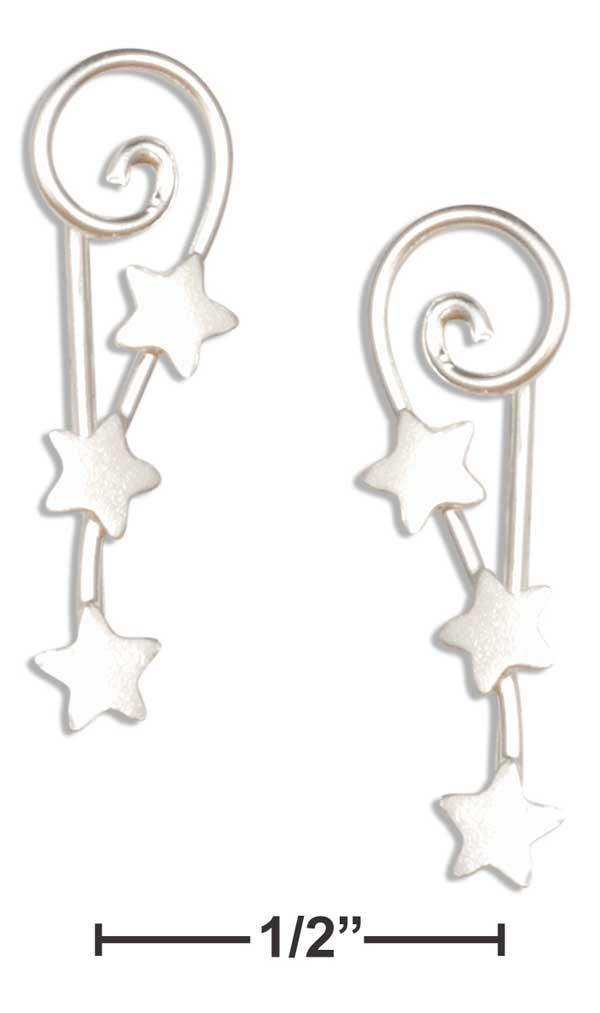 Sterling Silver Triple Star On Curly Comet Tail Ear Pin Thread Wire Earrings