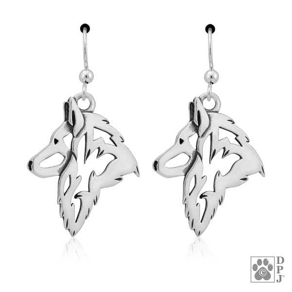 Sterling Silver Belgian Tervuren Shepherd Dog Head Earrings On French Wires