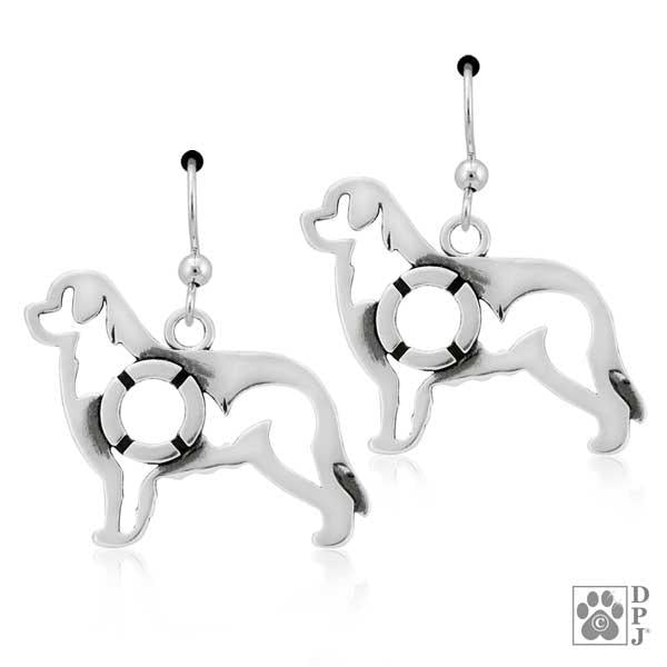 Sterling Silver Newfoundland Dog Earrings With Life Preserver In Body