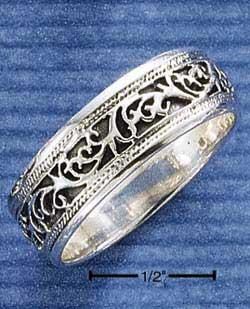 Sterling Silver 9mm Filigree Band Ring With Antiqued Inset